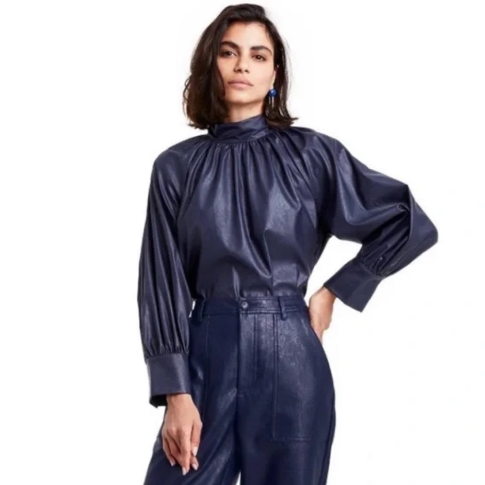 Rachel Comey x Target Navy Blue Faux Leather Blouse Button Back Tie Neck Large - Picture 1 of 13